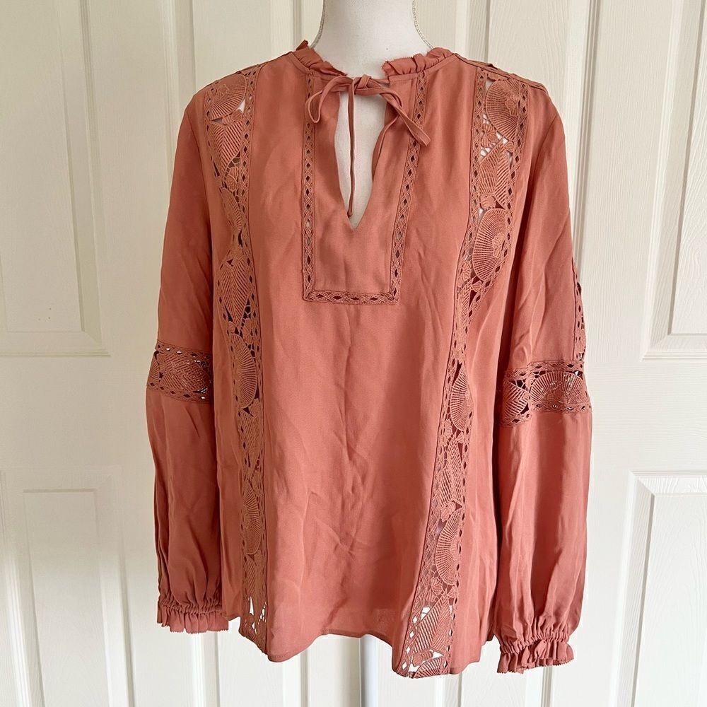 Reiss Dottie Lace Panel Blouse Viscose Pink US 8 MSRP $235